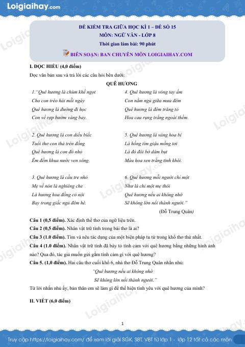 Đề thi giữa kì 1 Văn 8 - Đề số 15